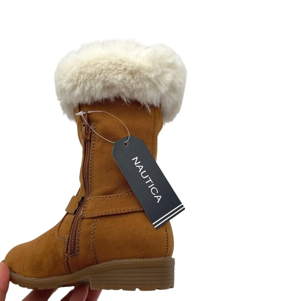 Nautica Little Girls Fashion‎ Tall Boots Size 13 Brown Vegan Suede Faux Fur Trim